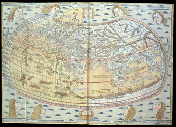 ドイツのウルムで最初に公開された「ジオグラフィア」で与えられた説明と座標に基づく世界地図（手書きの彫刻）